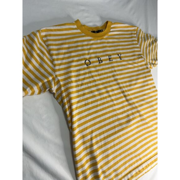 OBEY Men’s Striped Logo TEE Shirt Yellow White Short Sleeve - Picture 4 of 9